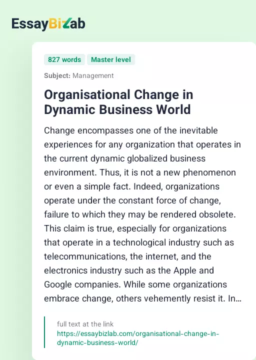 Organisational Change in Dynamic Business World - Essay Preview