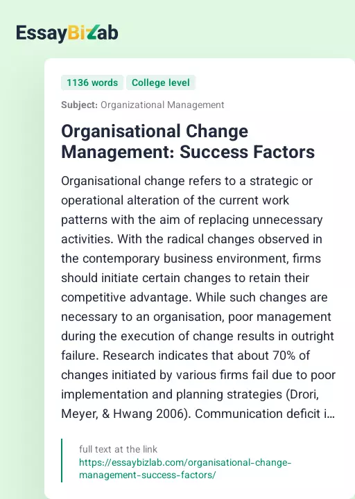 Organisational Change Management: Success Factors - Essay Preview
