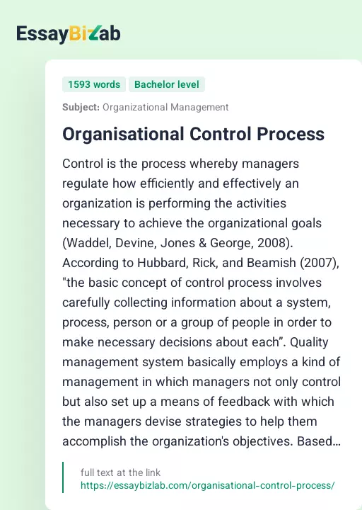 Organisational Control Process - Essay Preview