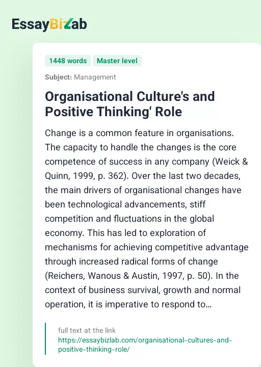 Organisational Culture's and Positive Thinking' Role - Essay Preview