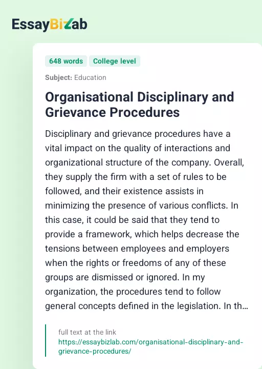 Organisational Disciplinary and Grievance Procedures - Essay Preview