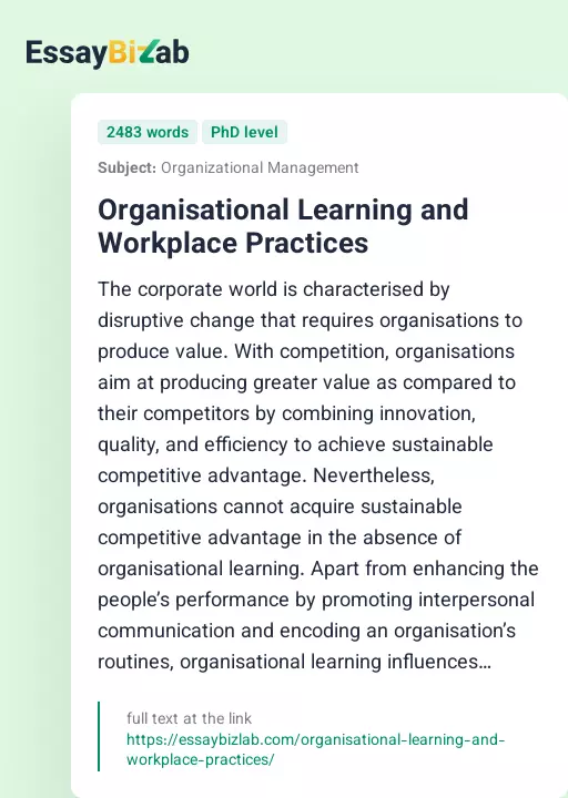 Organisational Learning and Workplace Practices - Essay Preview