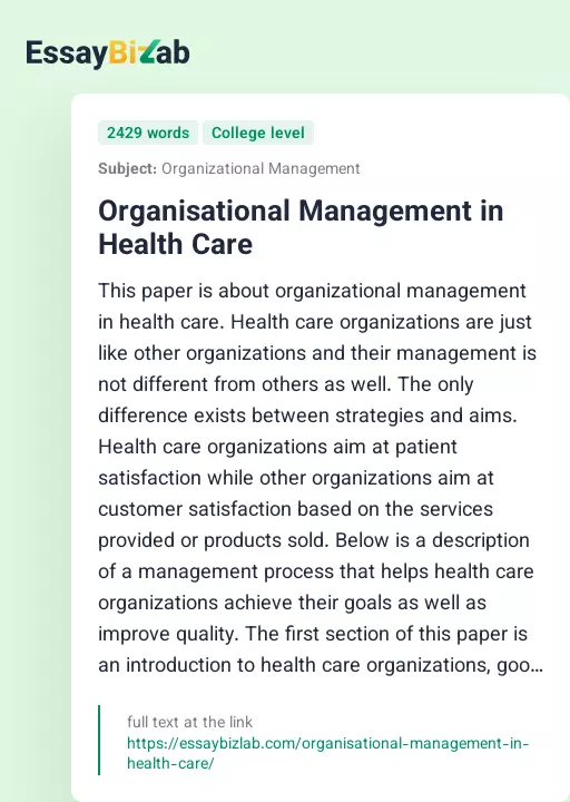 Organisational Management in Health Care - Essay Preview