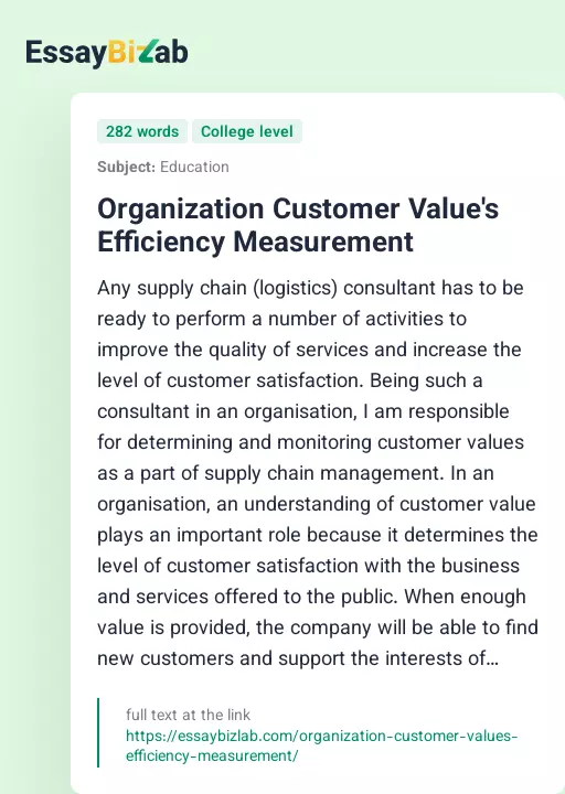 Organization Customer Value's Efficiency Measurement - Essay Preview