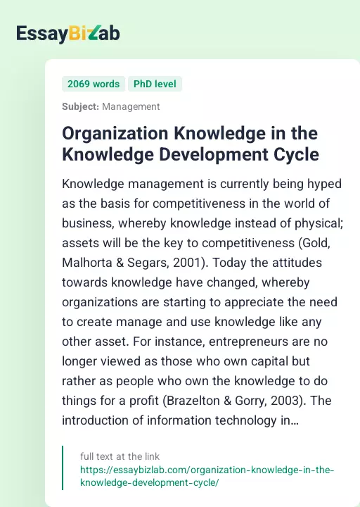 Organization Knowledge in the Knowledge Development Cycle - Essay Preview