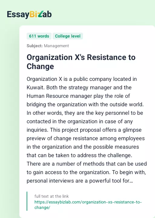 Organization X's Resistance to Change - Essay Preview