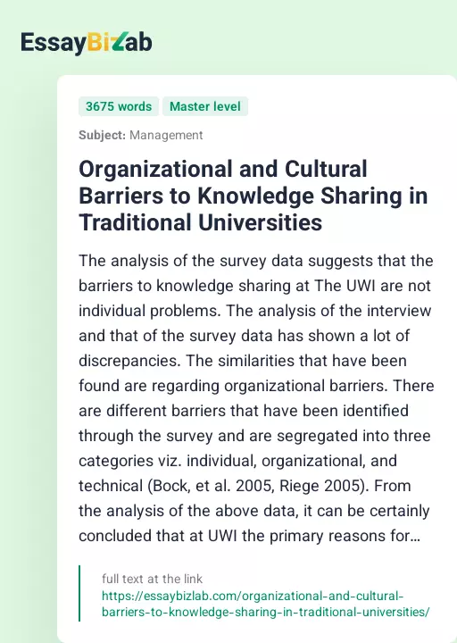 Organizational and Cultural Barriers to Knowledge Sharing in Traditional Universities - Essay Preview