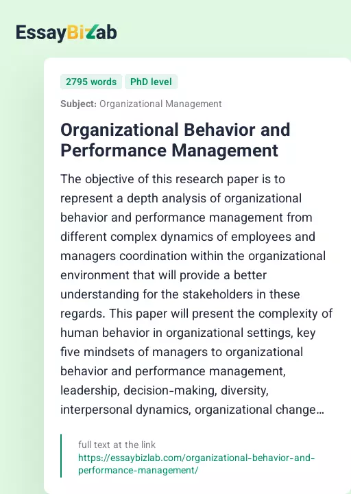 Organizational Behavior and Performance Management - Essay Preview