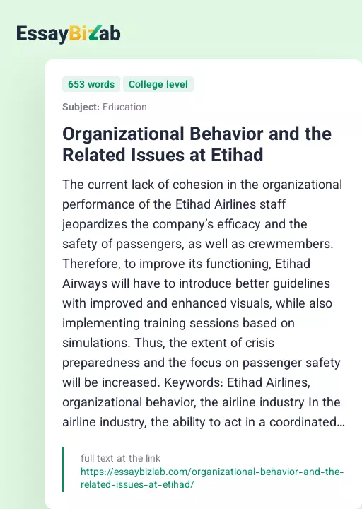 Organizational Behavior and the Related Issues at Etihad - Essay Preview