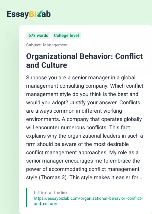 Organizational Behavior: Conflict and Culture - Essay Preview