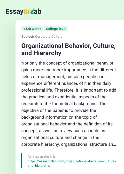Organizational Behavior, Culture, and Hierarchy - Essay Preview