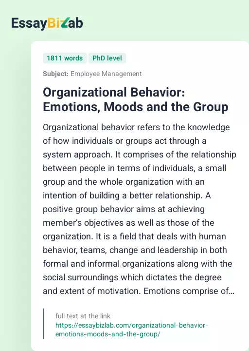 Organizational Behavior: Emotions, Moods and the Group - Essay Preview