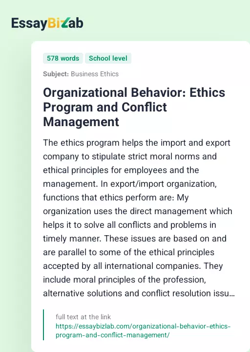 Organizational Behavior: Ethics Program and Conflict Management - Essay Preview