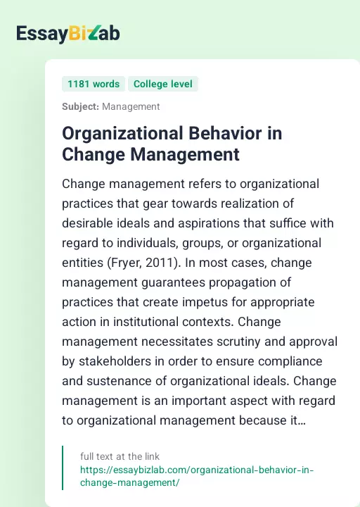 Organizational Behavior in Change Management - Essay Preview