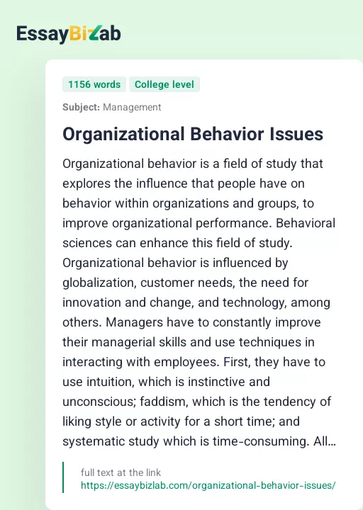 Organizational Behavior Issues - Essay Preview