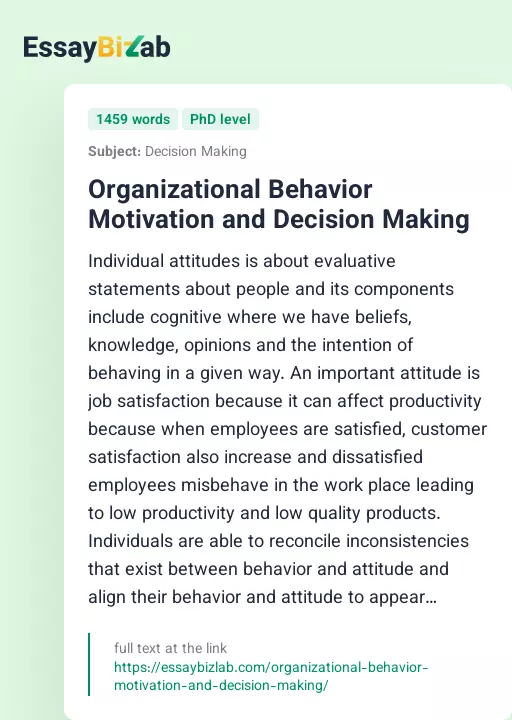 Organizational Behavior Motivation and Decision Making - Essay Preview