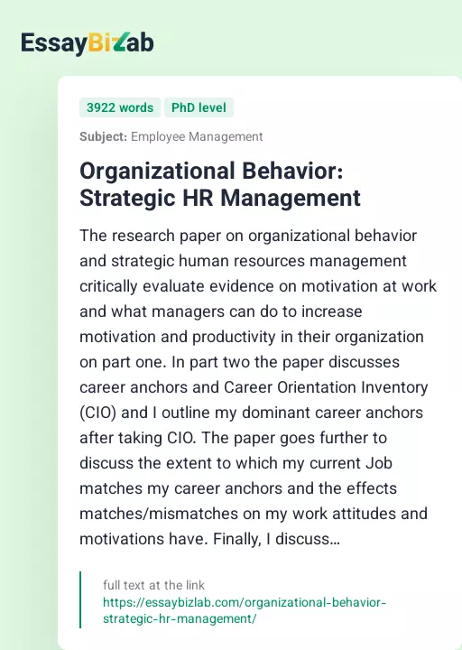 Organizational Behavior: Strategic HR Management - Essay Preview