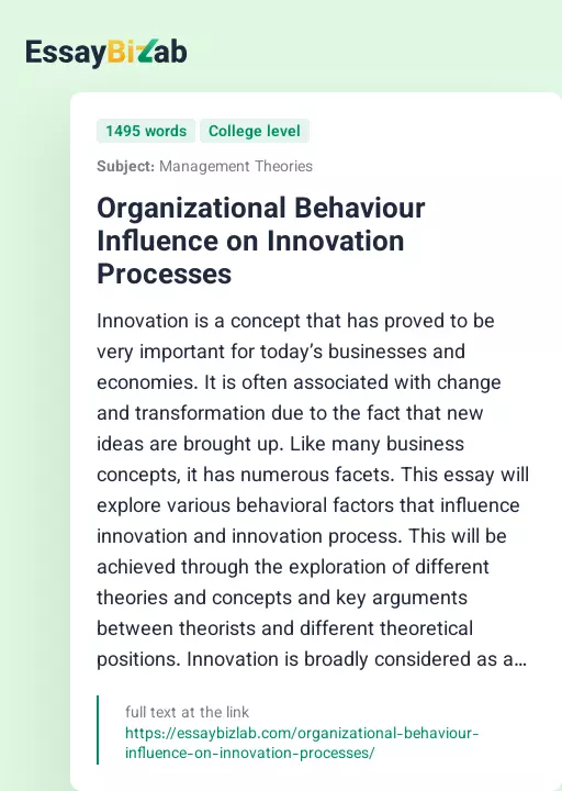 Organizational Behaviour Influence on Innovation Processes - Essay Preview