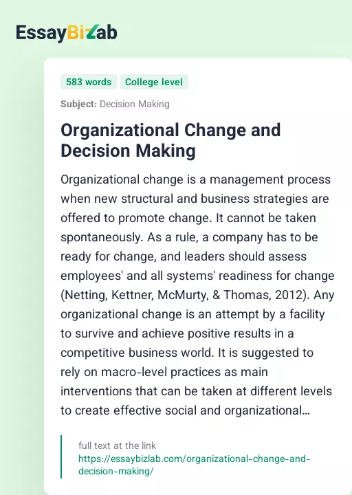 Organizational Change and Decision Making - Essay Preview