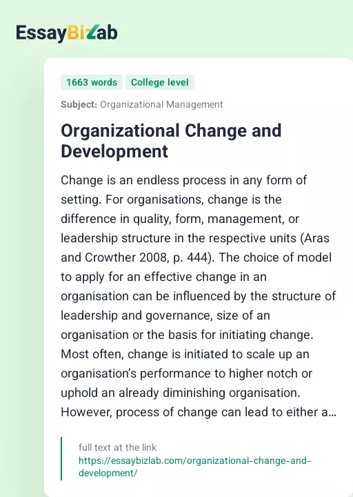 Organizational Change and Development - Essay Preview