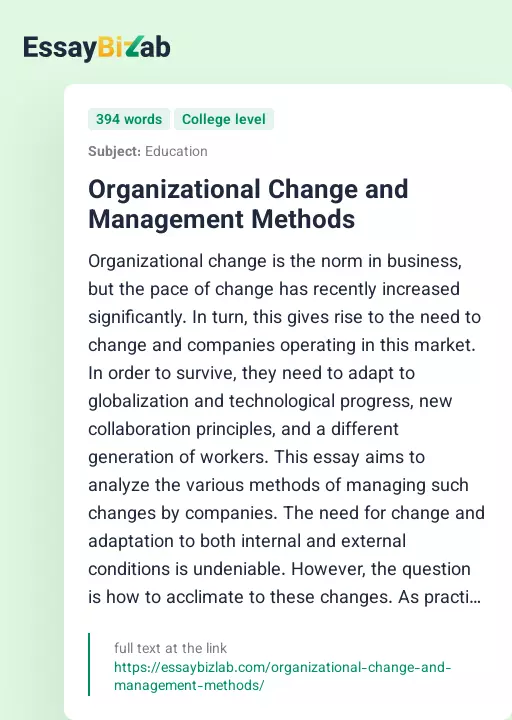 Organizational Change and Management Methods - Essay Preview