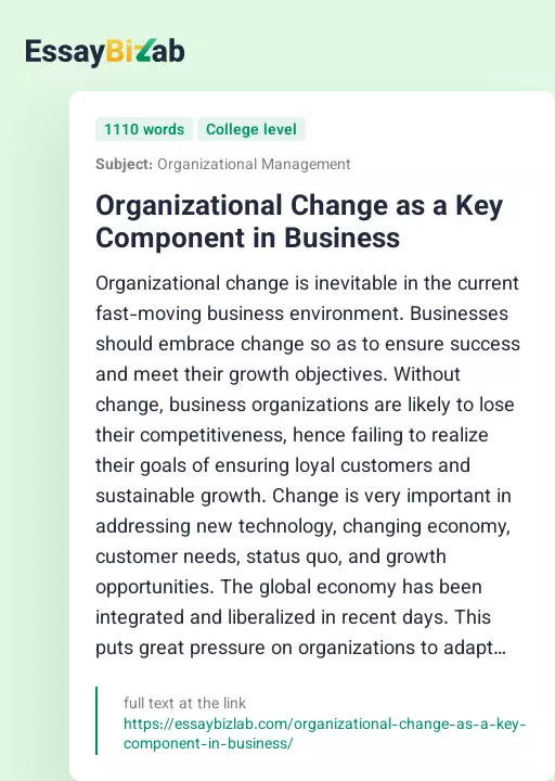 Organizational Change as a Key Component in Business - Essay Preview