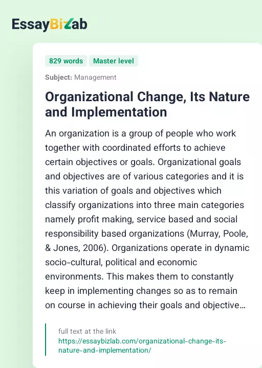 Organizational Change, Its Nature and Implementation - Essay Preview