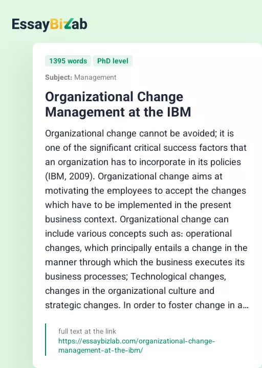 Organizational Change Management at the IBM - Essay Preview