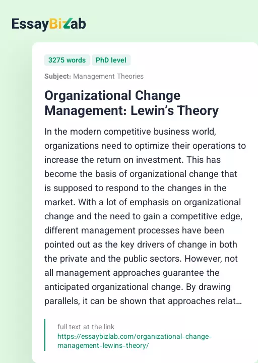 Organizational Change Management: Lewin’s Theory - Essay Preview