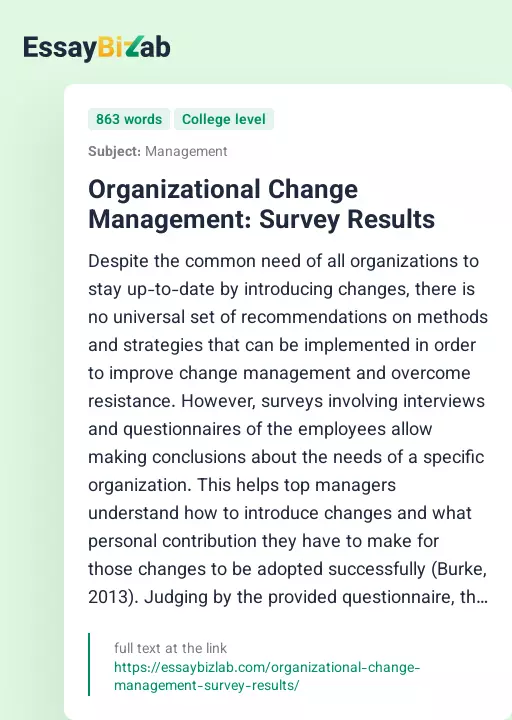 Organizational Change Management: Survey Results - Essay Preview
