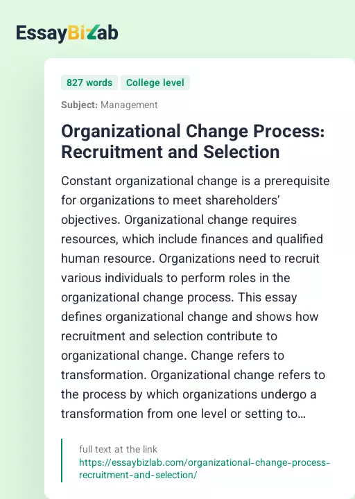 Organizational Change Process: Recruitment and Selection - Essay Preview
