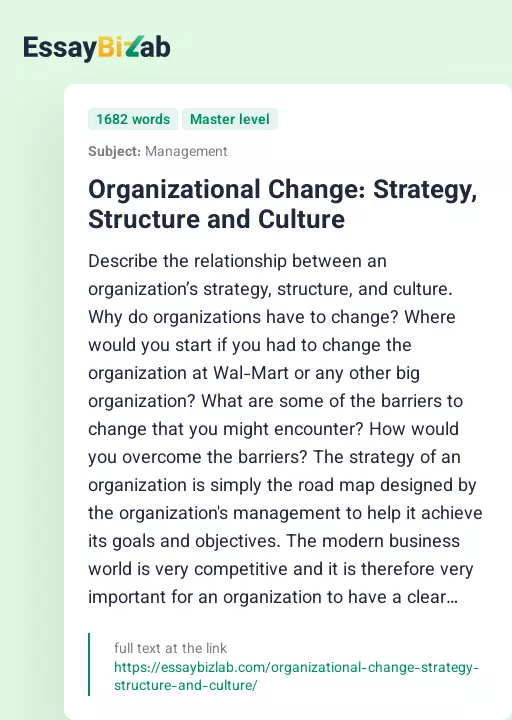 Organizational Change: Strategy, Structure and Culture - Essay Preview