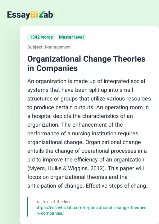 Organizational Change Theories in Companies - Essay Preview