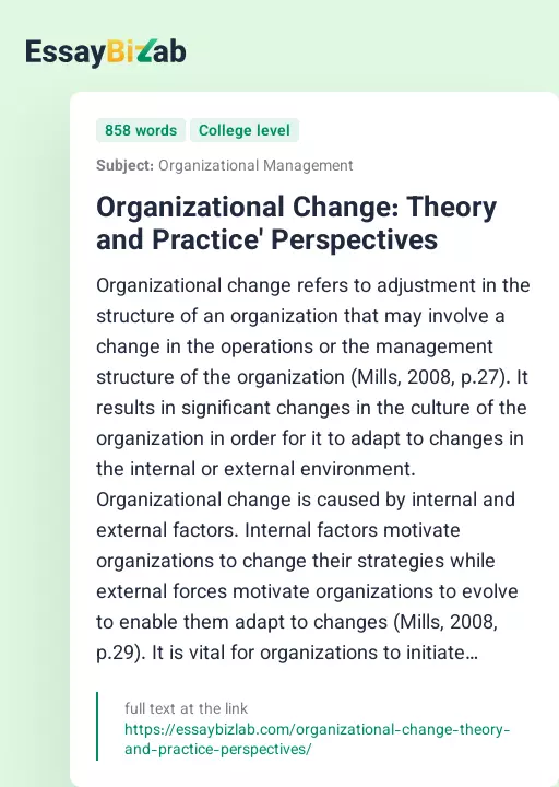 Organizational Change: Theory and Practice' Perspectives - Essay Preview
