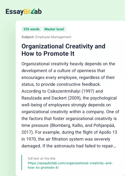 Organizational Creativity and How to Promote It - Essay Preview