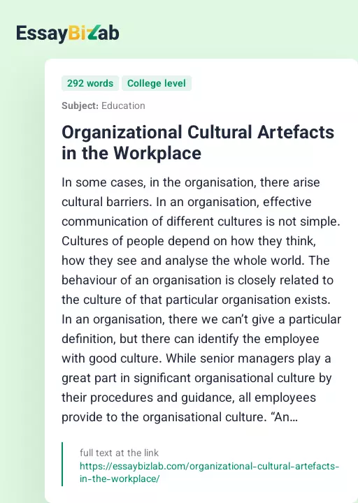 Organizational Cultural Artefacts in the Workplace - Essay Preview