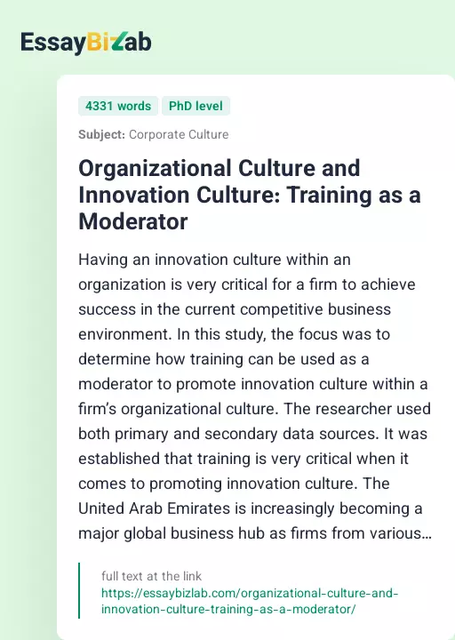 Organizational Culture and Innovation Culture: Training as a Moderator - Essay Preview