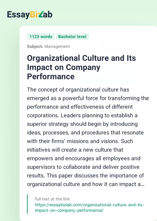 Organizational Culture and Its Impact on Company Performance - Essay Preview