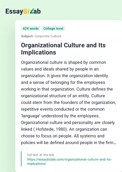 Organizational Culture and Its Implications - Essay Preview