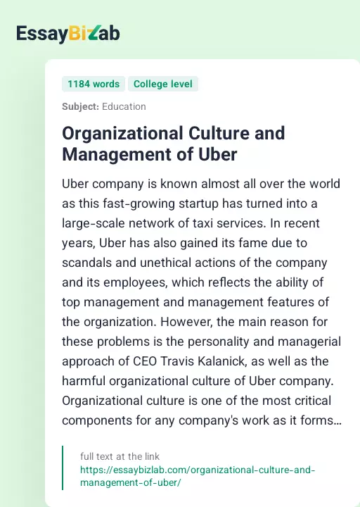 Organizational Culture and Management of Uber - Essay Preview