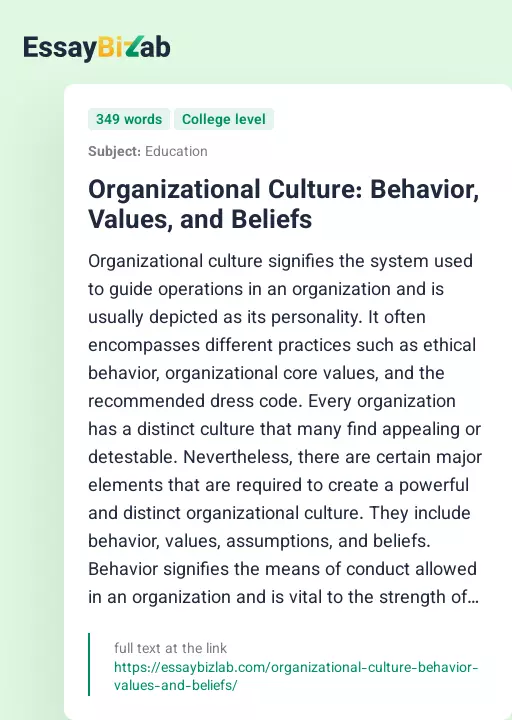 Organizational Culture: Behavior, Values, and Beliefs - Essay Preview