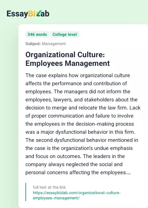 Organizational Culture: Employees Management - Essay Preview