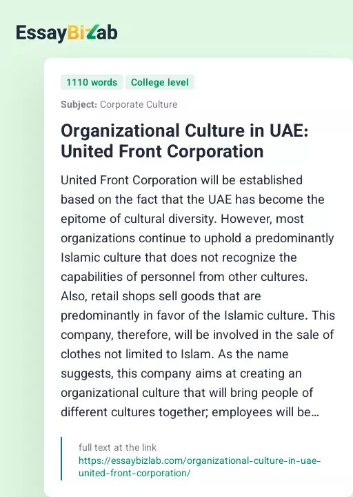 Organizational Culture in UAE: United Front Corporation - Essay Preview