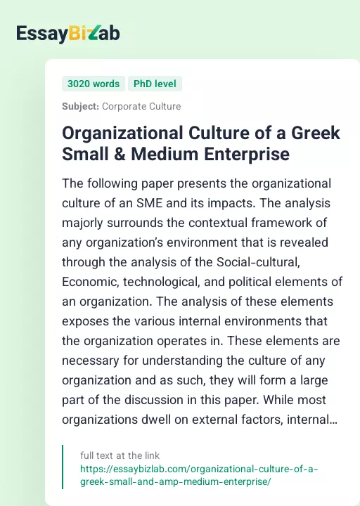 Organizational Culture of a Greek Small & Medium Enterprise - Essay Preview