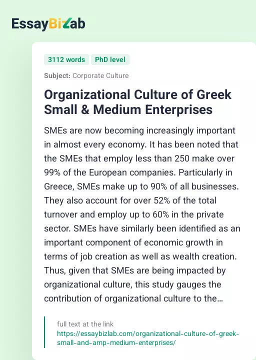 Organizational Culture of Greek Small & Medium Enterprises - Essay Preview