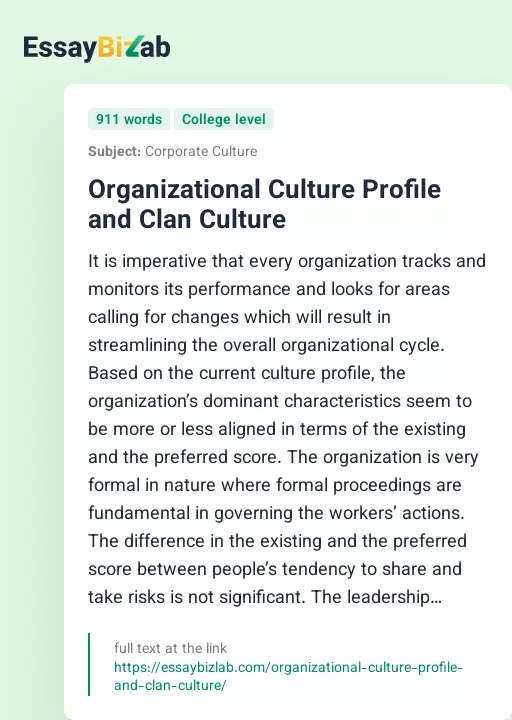 Organizational Culture Profile and Clan Culture - Essay Preview