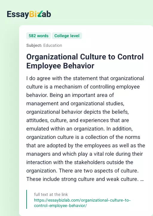 Organizational Culture to Control Employee Behavior - Essay Preview