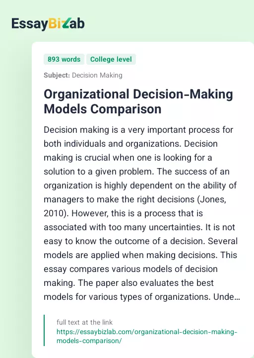 Organizational Decision-Making Models Comparison - Essay Preview