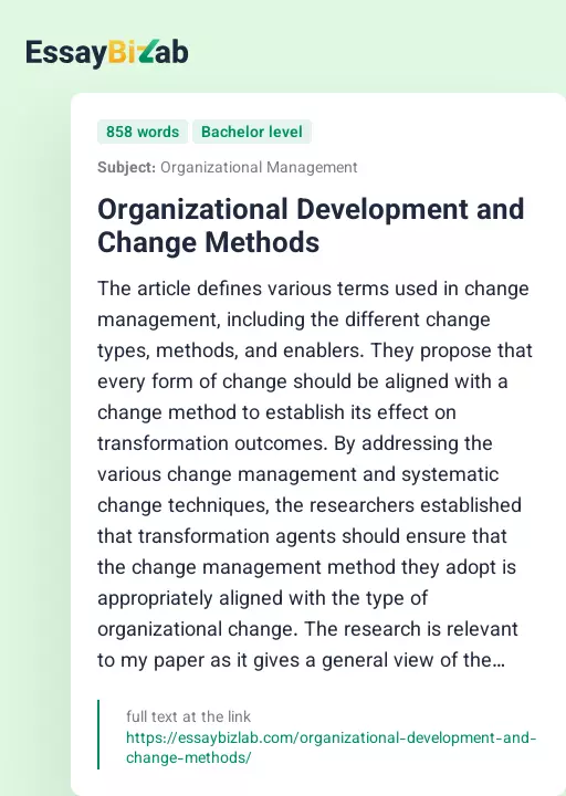 Organizational Development and Change Methods - Essay Preview