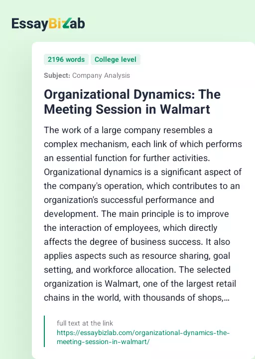 Organizational Dynamics: The Meeting Session in Walmart - Essay Preview